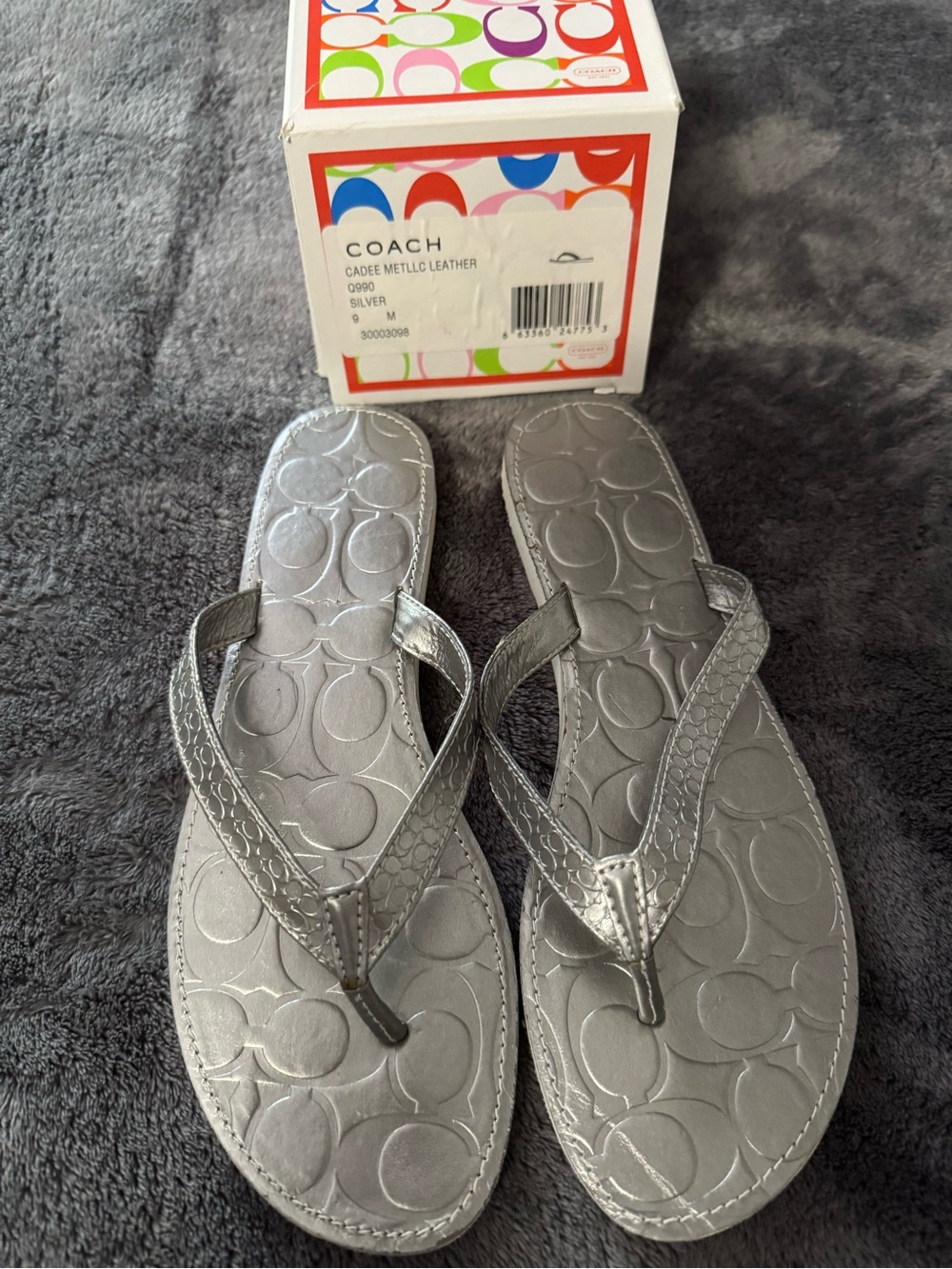 Coach Silver Metallic Logo-Embossed Leather Thong Sandals